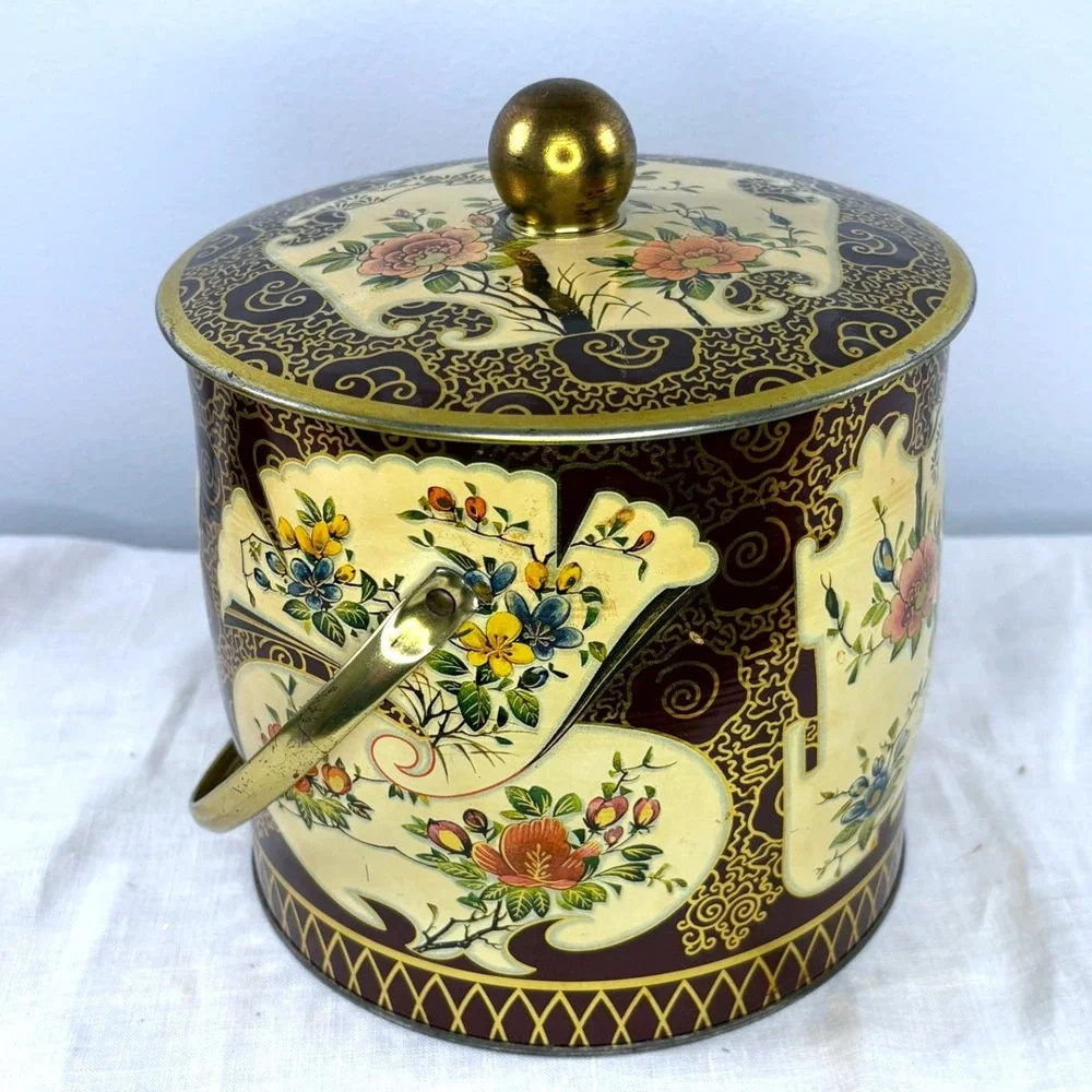 Vintage Container Made in England Floral Chinoiserie Metal Tin with Handle Gold